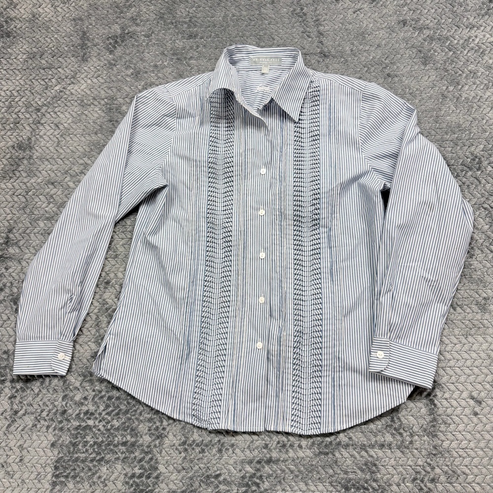 Foxcroft Wrinkle Free Blue & White Striped Tuxedo Ruffle Button Down Size 8